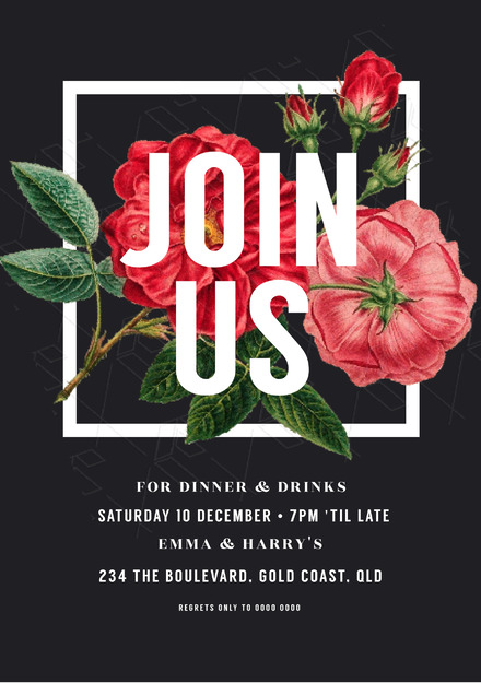 Floral Square Join Us Dinner and Drinks Invitation Template on dark